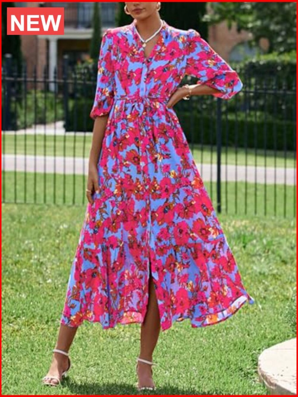 Floral Maxi Dress with V-Neck, Puff Sleeves, Tie Waist, Hidden Pockets - Picture 3 of 7